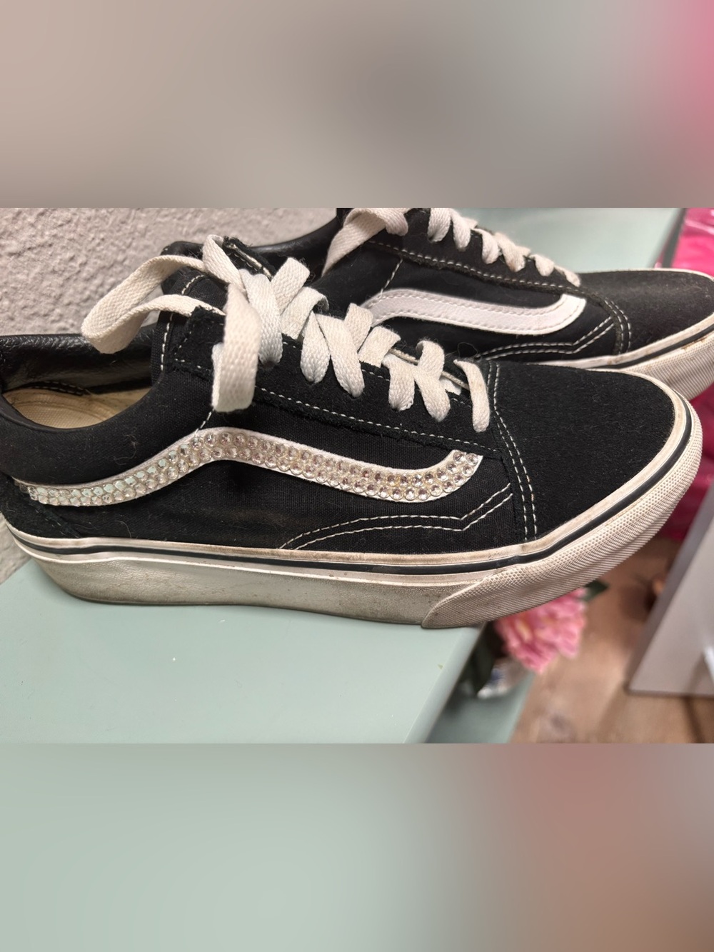 Vans Black and White Low-Top Sneakers with Rhinestone Side Stripe